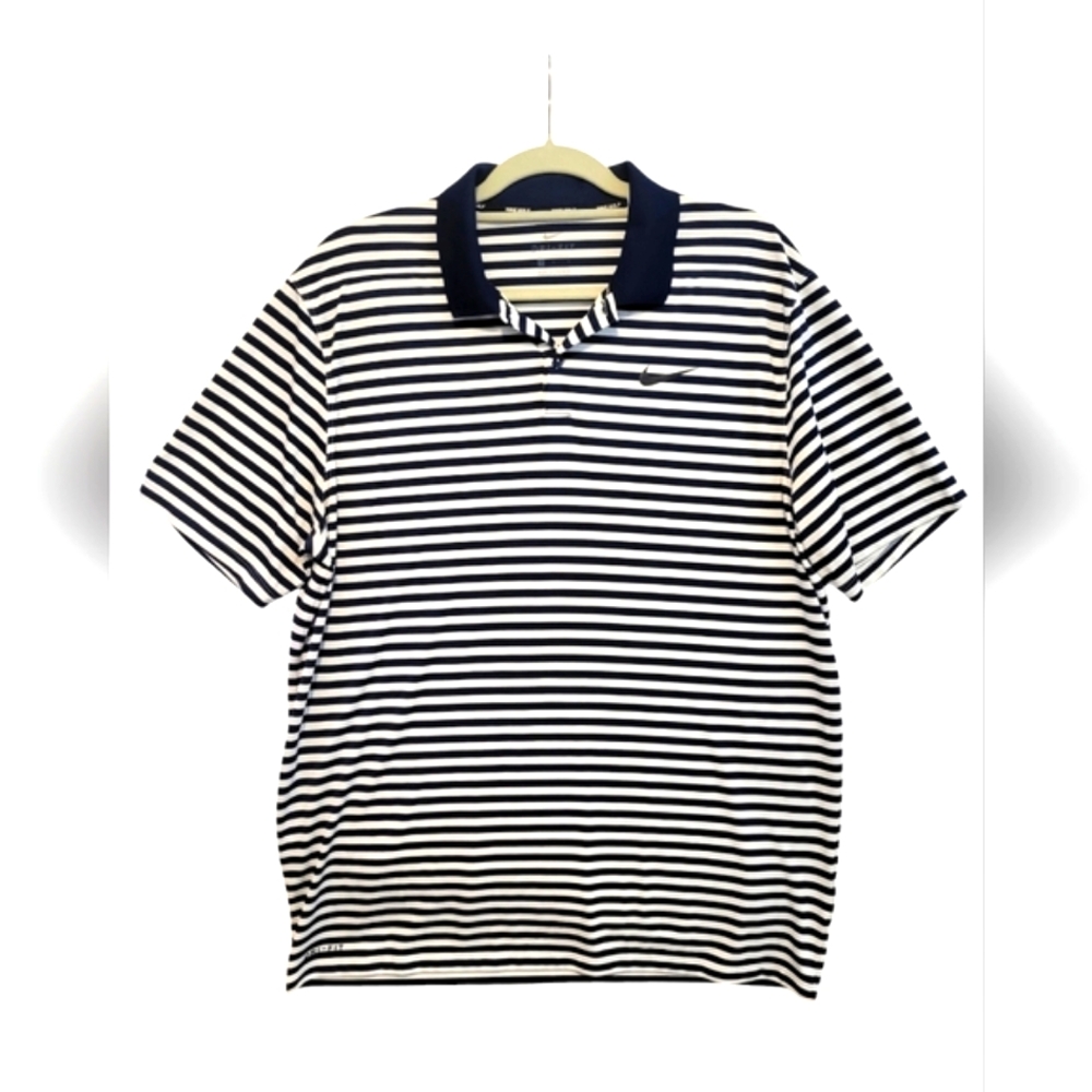 Nike Golf Dri Fit Polo Shirt Mens Large Navy Blue White Stripe Short Sleeve